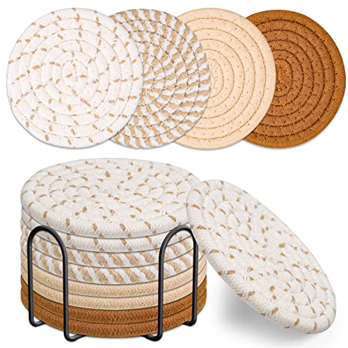 Mckanti Drink Coasters Set of 8, 4 Colors Absorbent Coasters for Drinks, Minimalist Cotton Woven Coaster for Living Room Decor, Fall Home Decor, 4.3 Inches - color: Multi-brown