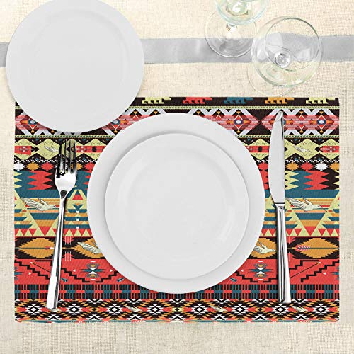 Ambesonne Ethnic Place Mats Set of 4, Classic Traditional Pattern Image Bird Flower Arrow Natural Ethnic, Washable Fabric Placemats for Dining Table, Standard Size, Teal Red