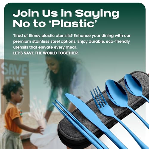Travel Utensils With Case, 5 Pcs portable silverware set (Blue) - color: Blue, size: 5 Pieces