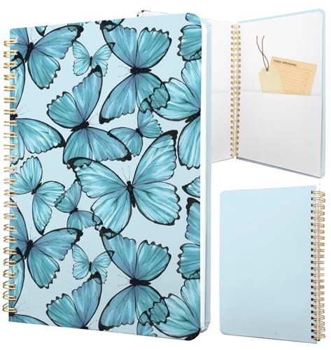 Cute Spiral Notebook Journal A5 6x9 Note Book with Pocket, Blue - color: Blue Butterfly
