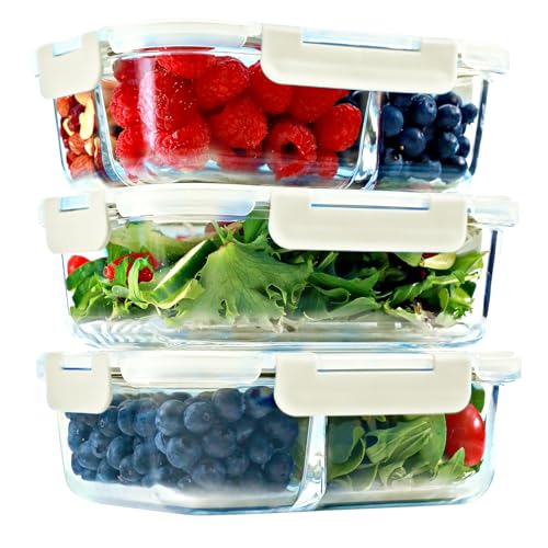 Glass Meal Prep Containers 1 & 2 & 3 Compartments, Airtight, 35 oz, 3 Pack - color: Beige (1,2,3 compartment - 3 pack, 35 oz)