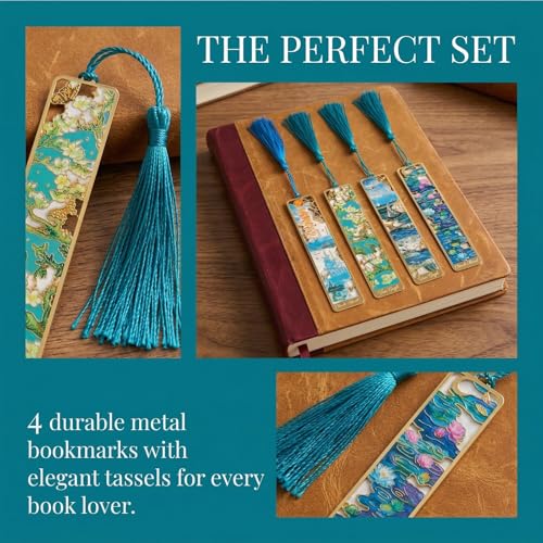 Metal Bookmarks with Tassels, 4 Pack Oil Painting Designs
