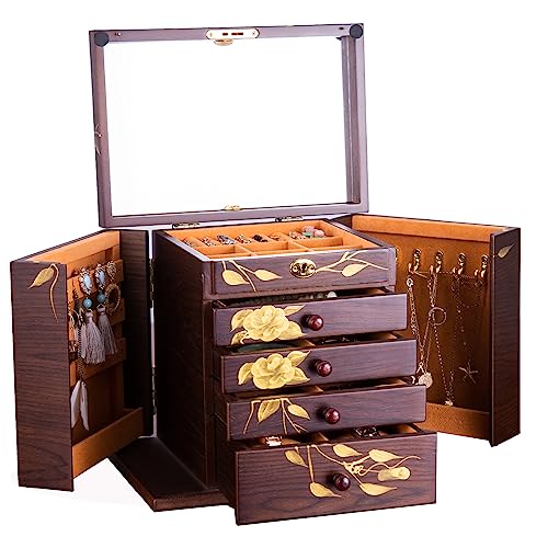 Wooden Jewelry Box for Women, 5-Layer Large Lock with Drawers - color: Brown（L）