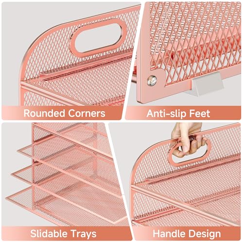 Paper Organizer Letter Tray with Handle Mesh 5 Trays - color: Rose Gold, size: 12.6" x 9.1" x 13.4"