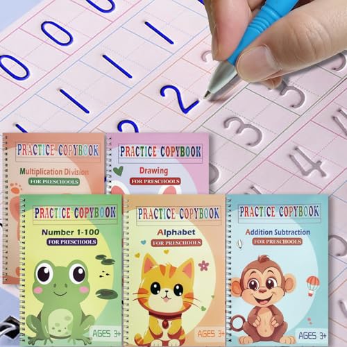 Magic Grooved Practice Copybook 5 Pack with Pens, Groove Reusable Magical Handwriting Workbooks, Tracing Letters Numbers, Math, Kindergarten Sight Words for Kids Ages 3-8 for Preschool(5books+Pens） - size: Small-(7.9in×5.5in)