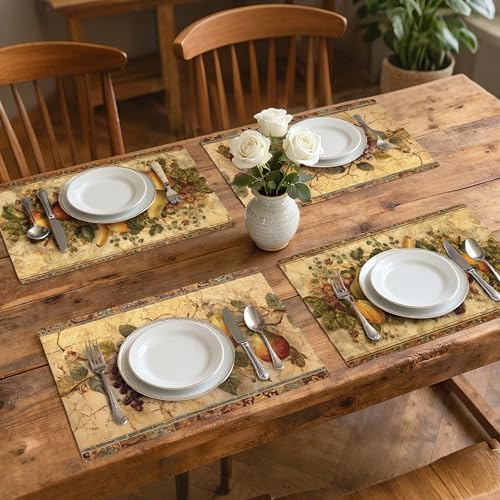 Retro Fruit Table Placemats Set of 4 Place Mats Linen Wipeable Placemats Waterproof Rectangle Table Mat for Kitchen Dining Dinner 18 X 12 Inch - color: Retro Fruit