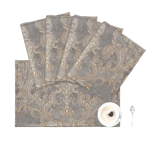 Loom and Mill Luxury Jacquard Damask Placemats Double Layer, Set of 4, Gray - color: Gray + Beige-brown(pattern), size: 4 Pieces