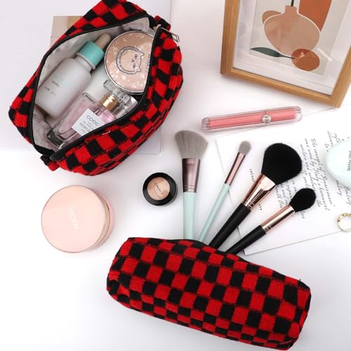 EIMMBD Makeup Bag 3 Pieces Large Capacity Checkered Cosmetic Bags Travel Toiletry Bag Organizer Cute Makeup Pouch Storage for Women(Red & Black) - color: Red & Black