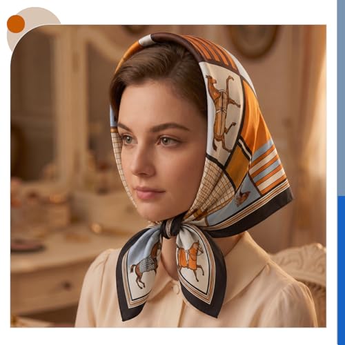 Seawhisper Premium Printed Satin Silk-Like Neck Scarf for Women Square 26" - color: Orange