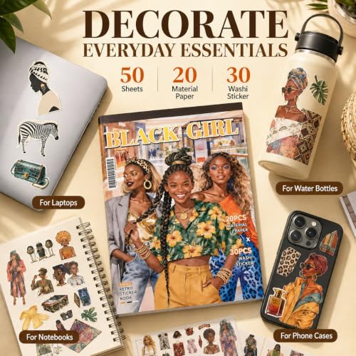 Black Girl Sticker Book - Aesthetic Scrapbook Supplies for Journaling, Planners, Laptops, Water Bottles, Phone Cases & DIY Craft Gifts - color: Girl