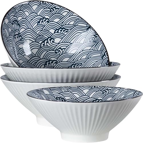 38 oz Japanese Ramen Bowls Set of 4, Large Pho Bowls, 8 Inch Ceramic Blue and White Soup Bowls, Wave Pattern - color: Wave Pattern