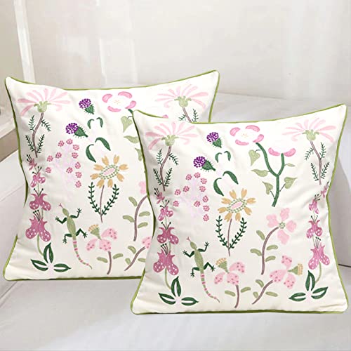 Set of 2 Embroidered Decorative Throw Pillow Covers Couch Square Pillowcases Cushion for Bedroom Sofa Farmhouse Decor 18x18 Inch (Gecko Flower) - color: Gecko Flower