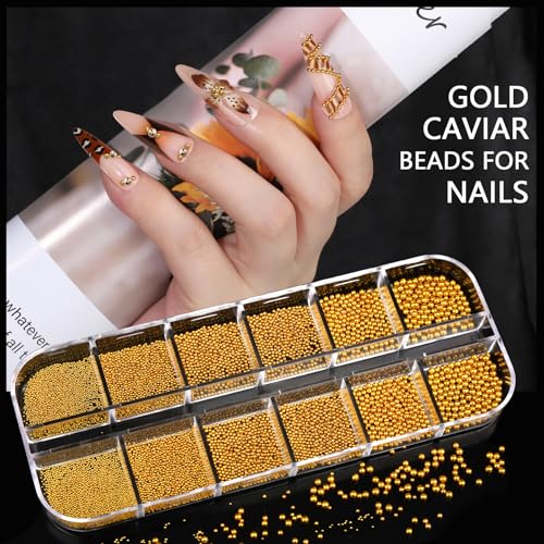 Teentior Nail Charms Gold Rhinestones for Nails with 15 Sheets Gold Nail Stickers, 6 Boxes Nail Gems Pearls for Nails, Cross Nail Charms for Nails Design Nail Art Rhinestones, Caviar Beads for Nails - color: Gold