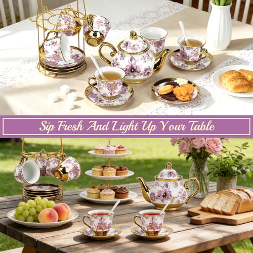 20 Pcs Porcelain Tea Set With Metal Holder,for 6 People,23.7ozTeapot