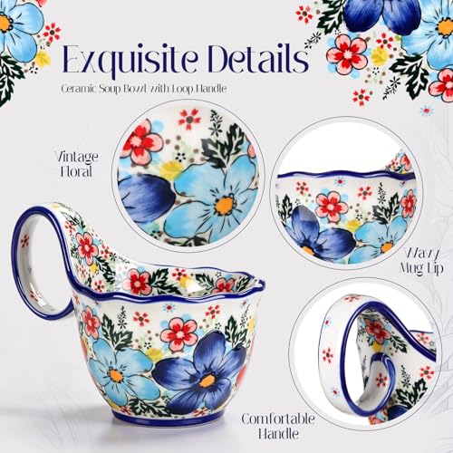2 Pcs Microwavable Soup Bowl with Loop Handle 17oz Vintage, Roman Garden