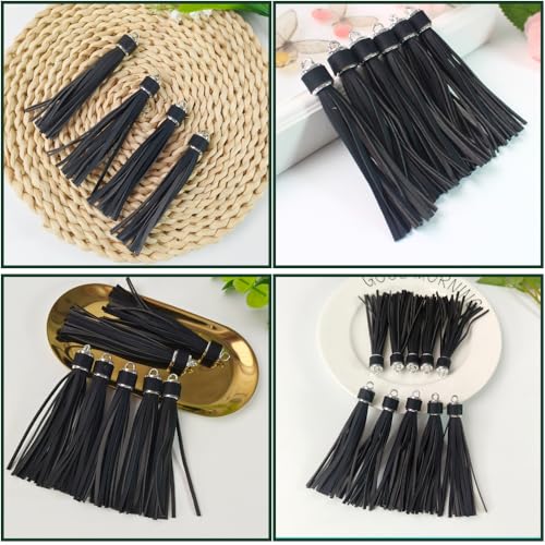4.3'' Black Leather Tassels 12Pcs with Silver Caps - color: Black