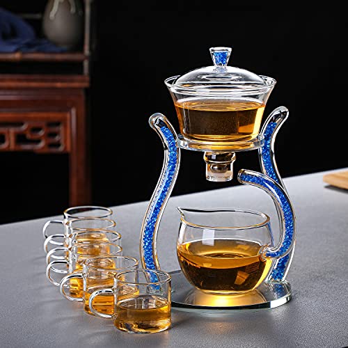 RORA Glass Teapot Set Semi Automatic Drip Rotating with Infuser Lazy Kungfu Tea pot Set (Blue) - color: Blue, size: teapot