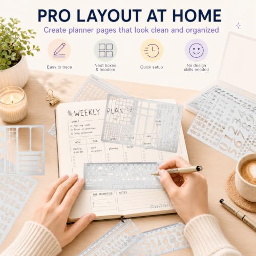 10Pcs Metal Planning Stencils, Bullet Journal Stencil, Ruler Stencil for Journaling with Case – Bullet Journal Weekly/Monthly Planning, Daily Task Tracker, Drawing Straight Lines