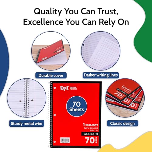 EPI Spiral Notebook | Wide - 70 Sheets, Durable Spiral Binding | 10.5 x 8 in | Classroom Supplies | School, Office, Note Taking, Journaling - 3 Pack - color: Red, size: 3