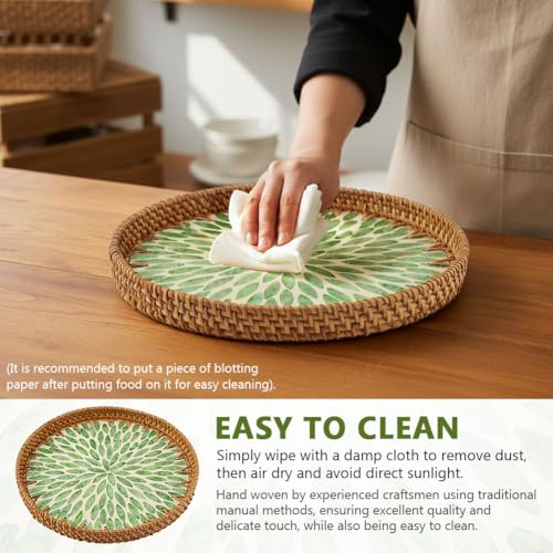 Handwoven Round Rattan Tray with Mother of Pearl Inlay, 11.02inch Round Decorative Serving Tray for Dining Table, Wall Decor & Gift(Size:Leaf)