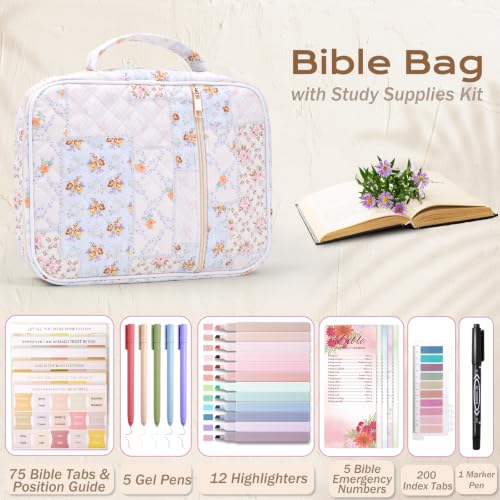 XKDOUS Bible Cover Case for Women Bible Bag Journaling Kit w/Study Supplies - color: Floral Patchwork, size: Large
