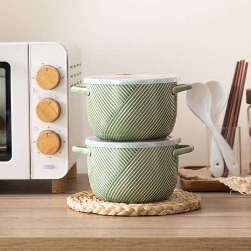 Ceramic Soup Bowl with Lid & Handle, Microwave Safe 32 oz, Green - color: Green, size: 2 pcs
