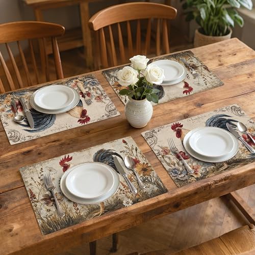 Rooster Table Placemats Set of 4 Place Mats Linen Wipeable Placemats Waterproof Rectangle Table Mat for Kitchen Dining Dinner 18 X 12 Inch - color: Rooster