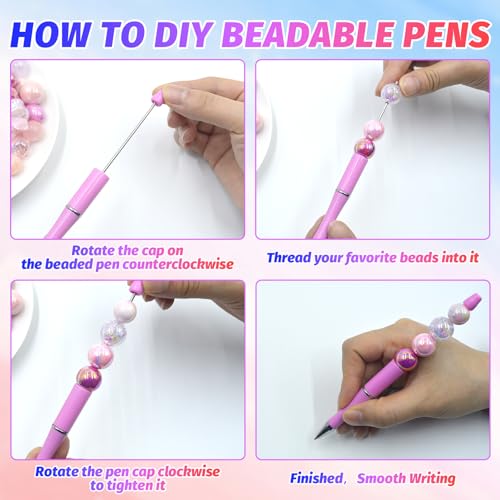 300 Pieces DIY Beadable Pen Kit – 100 Plastic Ballpoint Pens with Refills & Bags – School Supplies, Office Accessories & Decorative Items for Students & Teachers (Pink) - color: Pink color, size: 100