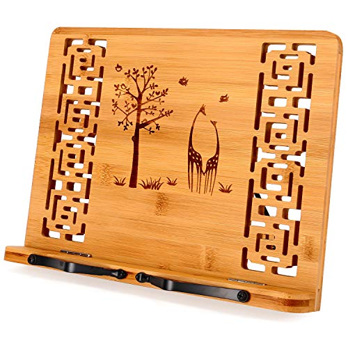 MEGREZ Foldable Bamboo Book Stand Adjustable Cookbook Reading Holder - color: Giraffe and Tree