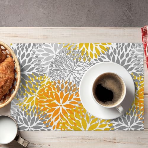 Abstract Yellow Gray Dahlia Floral Placemats Set of 4 12x18 Inch - color: Yellow Gray, size: Set of 4