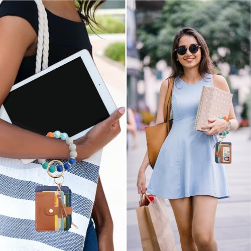 COOLANS Silicone Bracelet Wristlet Wallet Credit Card Holder RFID ID Window Key Ring Tassel Slim Wallet Women Keychain Purse - color: Brown Color Blocking