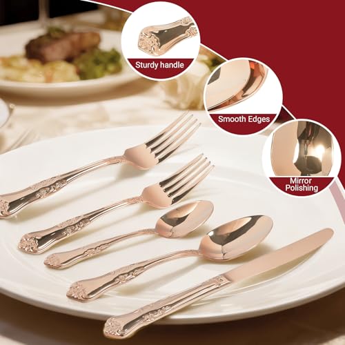 Silverware Set,Stainless Steel Flatware Cutlery Set with Floral Handles,Included Knife Spoon and Fork, Mirror Polished Cutlery Utensil Sets for Home Kitchen Restaurant Wedding, Party - color: Rosegold, size: 20 pieces for 4