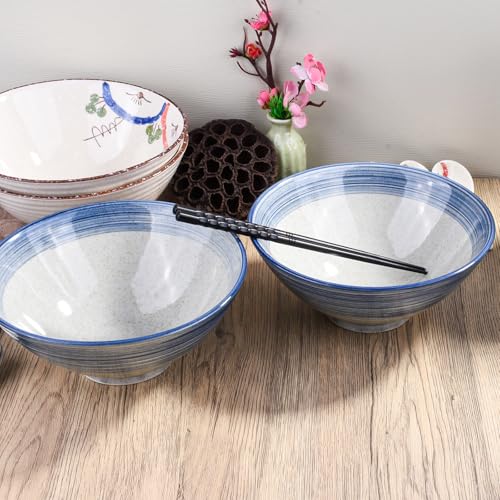 Ceramic Ramen Bowl Set of 2, 8.3" Blue Striped Japanese Noodle Bowls - color: BS