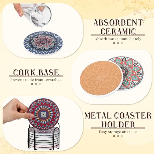 Patelai 8 Pcs Blue Ceramic Coasters Set with Holder, Mandala Style - style: Mandala Style