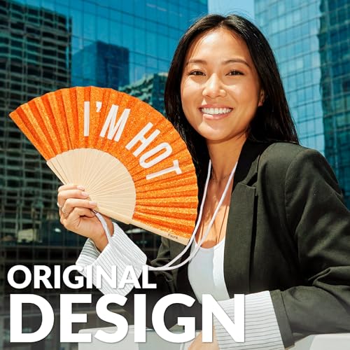 Fisura – Original folding fan with “I’m H*t” message. Colorful wooden folding fan in orange glitter with strap included. Fun gift idea for travel beach days or summer events. 16.7 x 9 in. - color: I'm H*t, Orange