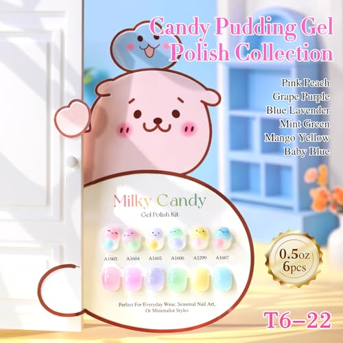 Double Rhythm 6 Pcs 15 ML Gel Polish Set Same Color Same Bottle Soak Off Gel Polish Kit Nail Art Manicure Salon DIY at Home for Women (Jelly Pink Purple Green Yellow Blue-T6-22) - color: Candy Pudding