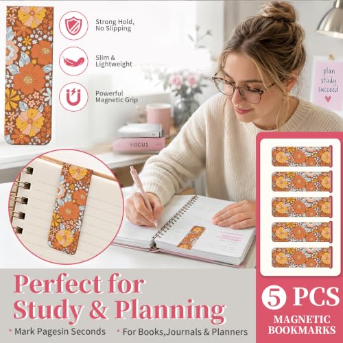 5 Pieces Magnetic Bookmarks, Cute Magnet Bookmark Clips, Colorful Page Markers for Books, Reading Supplies for Book Lovers, Women and Men Boho Orange Flower - color: Boho Orange Flower