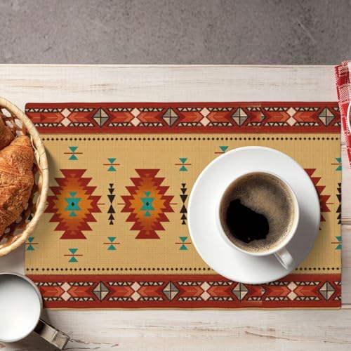 Aztec Placemats Set of 4, Linen Washable Table Mats 12 x 18 Inch, Southwestern Geometric Place Mats for Dining Table Kitchen Desert Boho Decor - color: Orange Aztec, size: 12x18"Placemats x4