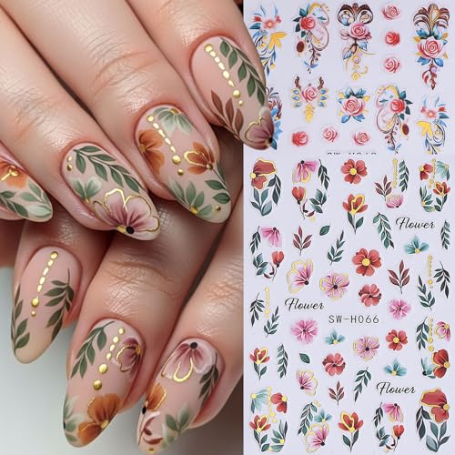 Flower Nail Stickers for Nail Art 12PCS 3D Self-Adhesive Nail Decals with Tweezers Floral Leaf Line Designs Manicure Decoration Spring DIY Charming Flowers Nails Supplies for Women - style: Flower Styles-02