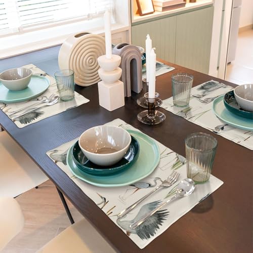 Grey Heron Blue Birds Floral Placemats Set of 4 12x18 Inch - color: Beige Blue, size: Set of 4