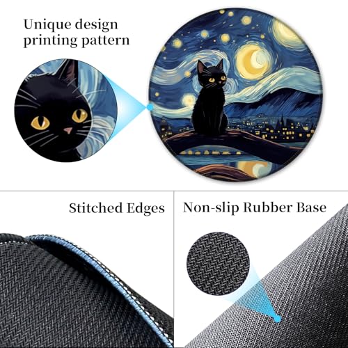 Hancynir Black Cat Round Mouse Pad, Small Mousepad for Laptop Desk Office - color: Black Cat Starry Night