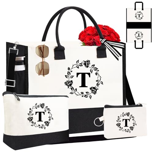 Monogram Personalized Initial Canvas Tote Bags for Women, Double-sided Embroidery Monogrammed Tote Bag Gifts - color: T