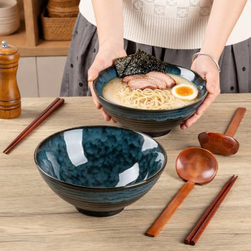 40oz Japanese Ceramic Ramen Bowl Set of 2 with Chopsticks and Spoons for Pho Udon Asian Soup Noodles (Nebula Blue) - color: Nebula Blue