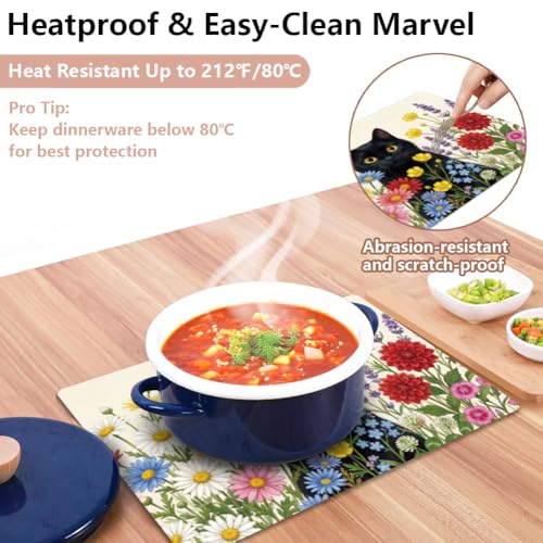 Peacoblue Placemats Set of 4,Faux Leather Cat in the Flowers Design - style: Cat in the Flowers