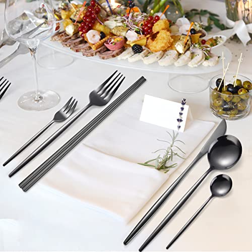 AARAINBOW 8 Pieces Stainless Steel Flatware Set Portable Reusable Cutlery Set Travel Utensils Set Including Chopsticks Knife Fork Spoon Straws Cleaning Brush Dishwasher Safe (Black) - color: Black
