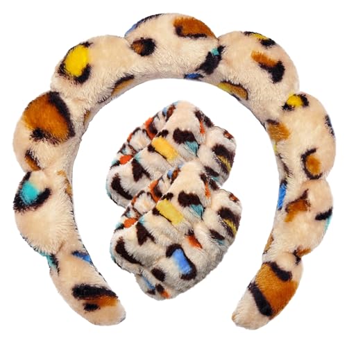 Tetizo Spa Headbands for Washing Face Wristband Set Sponge Makeup Skincare Headband Wrist Towels Bubble Soft Terry Towel Cloth Hairband for Women Puffy Headwear Non Slip Thick Thin Hair Headwear - color: Leopard brown