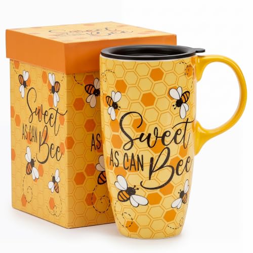 Topadorn 17oz Ceramic Travel Mug with Lid & Gift Box, Honey Bee Coffee Mug - color: Bee & Text