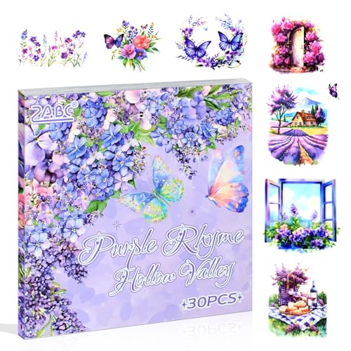 30 Sheets Precut Purple Garden Landscape Stickers Book for Junk Journal Supplies, Transparent PET Stickers for Journaling, Scrapbooking, Bujo, Collage, Card Making - color: The Purple Rhyme