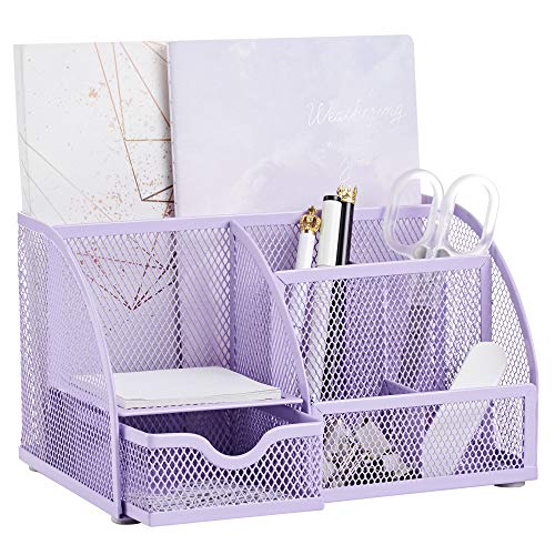 Annova Mesh Desk Organizer Office with 7 Compartments + Drawer/Desk Tidy Candy/Pen Holder/Multifunctional Organizer (Light Purple) - color: Light Purple