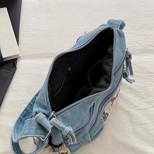 Black Denim Purse Crossbody Bags, Boho Hobo Crossbody Bags for Women, Casual Hippie Travel Purse with Lots of Pockets - color: Light Blue